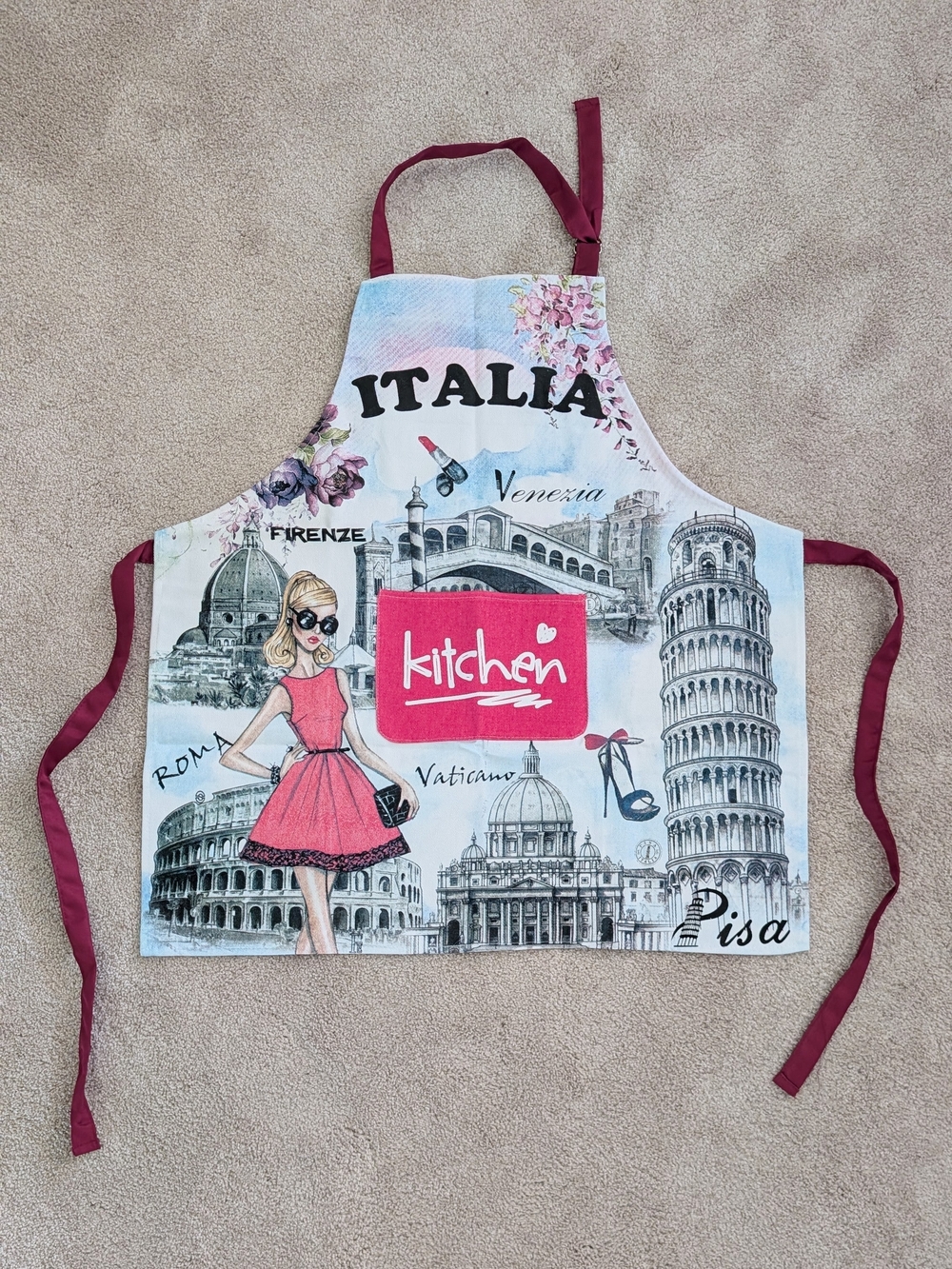Kitchen Italia Apron in Pink and White
